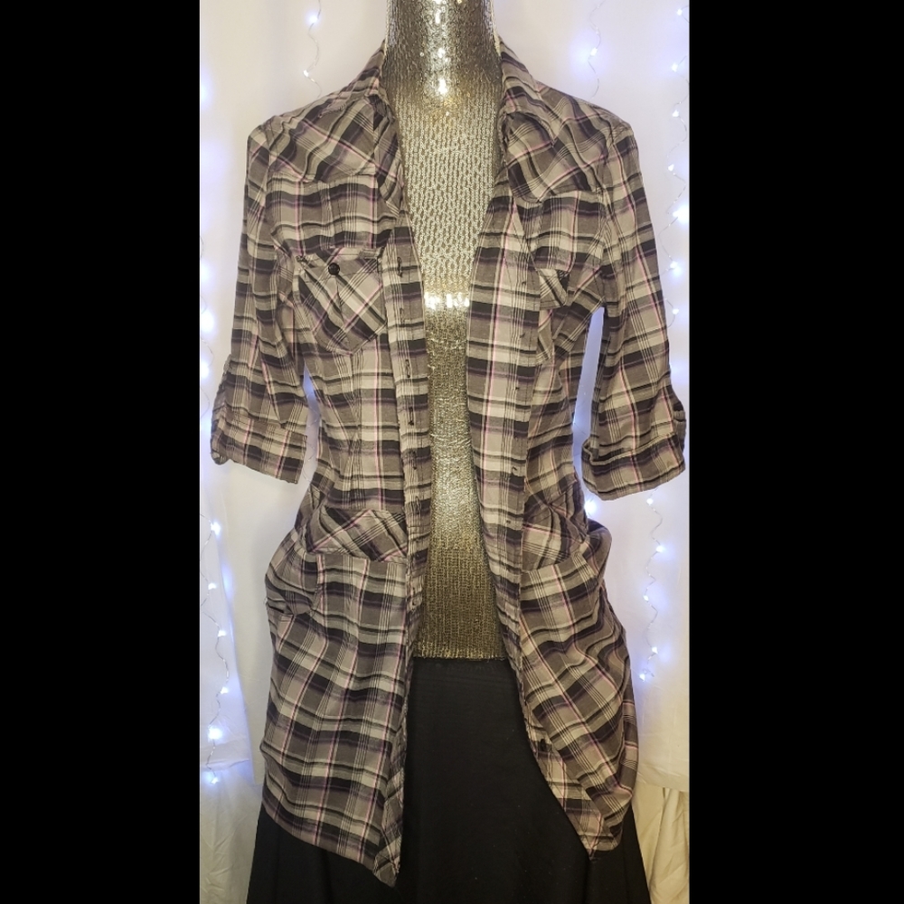 Drama Gold gray, black, and pink plaid shirt dress
